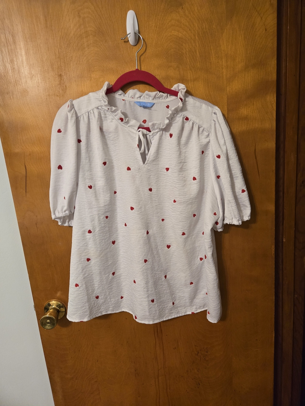Draper James Heart Print Peasant Blouse White Red Size XL